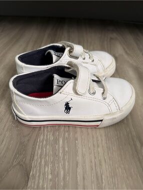 Polo by Ralph Lauren White Kids Leather Sneaker with Navy & Red Trim
